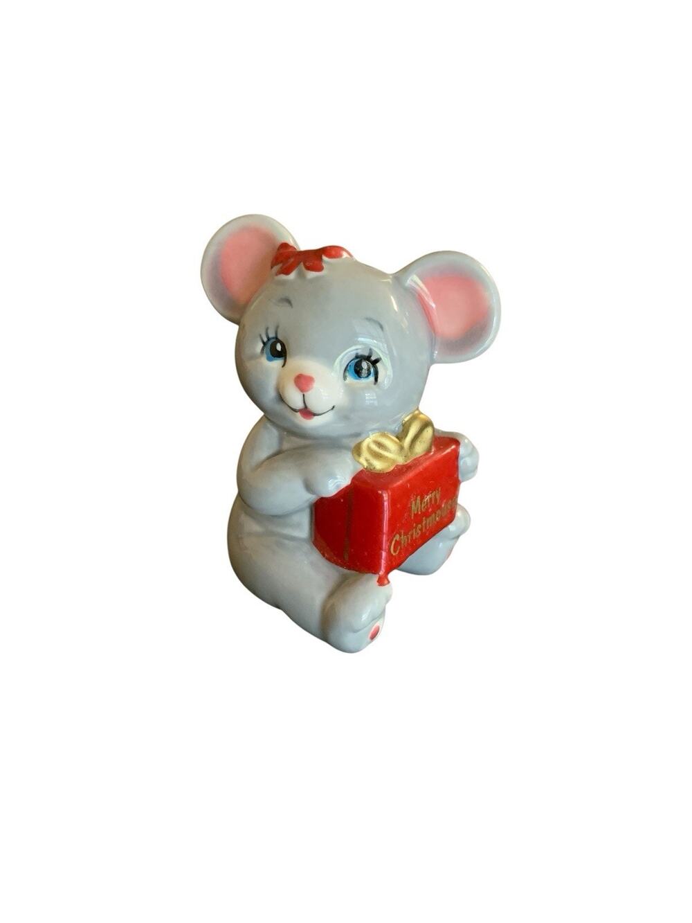 Vintage Russ Christmas Mouse Present Small Ceramic Collectible Figurine